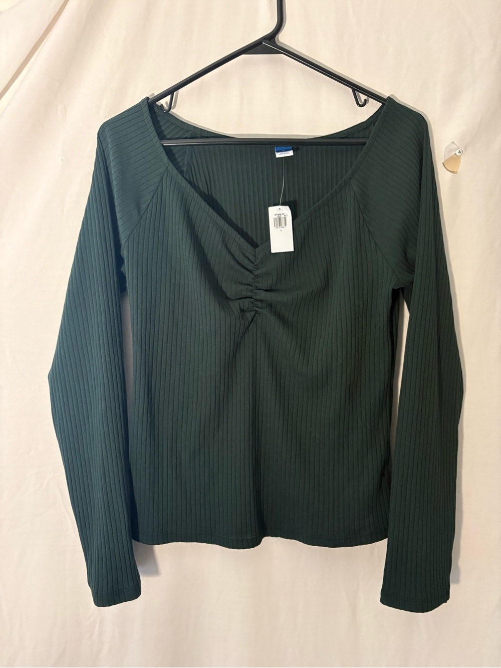 Old Navy Dark Green Ribbed Gathered V-Neck Long Sleeve Top